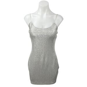 Olive Tree Silver Metallic Sequin Scoop Sleeveless Cami Mini Bodycon Dress Sz S